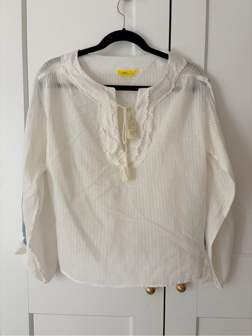 Roller Rabbit White Peasant Blouse Tassel Tie and Blue Detail on Sleeve | XS